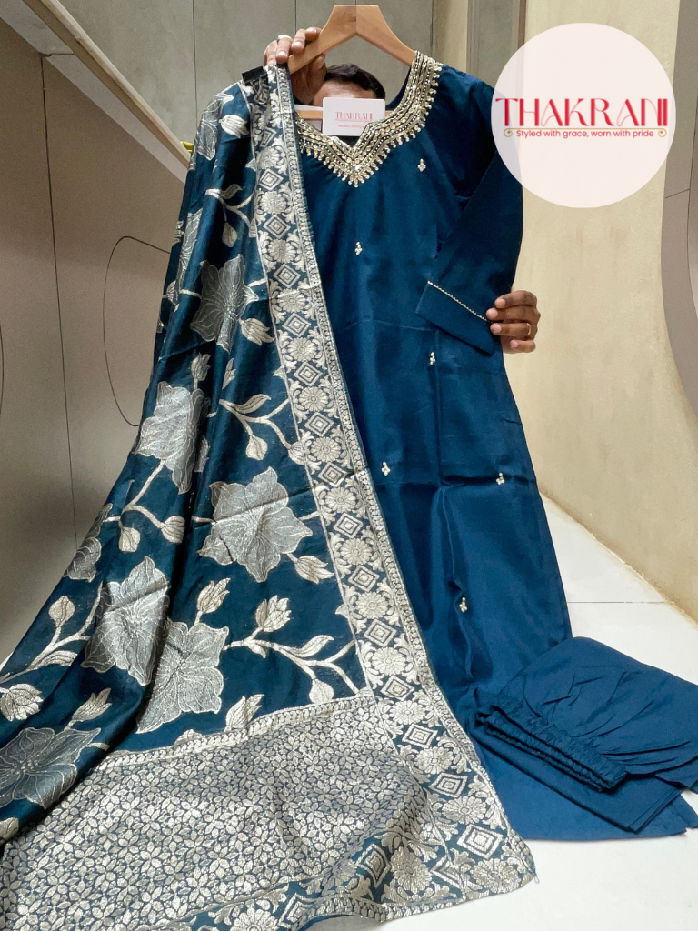 Peacock Blue Roman Silk Suit Set with Jacquard Dupatta