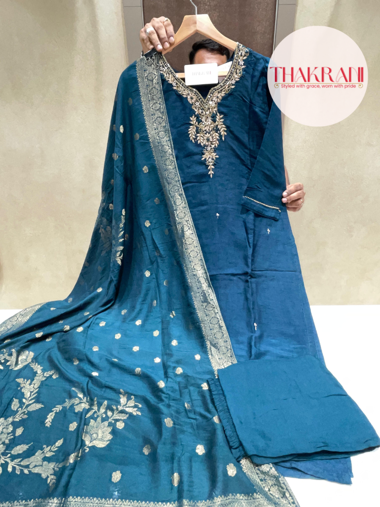 Peacock Teal Dola Silk Suit Set with Hand Embroidery & Woven Dupatta