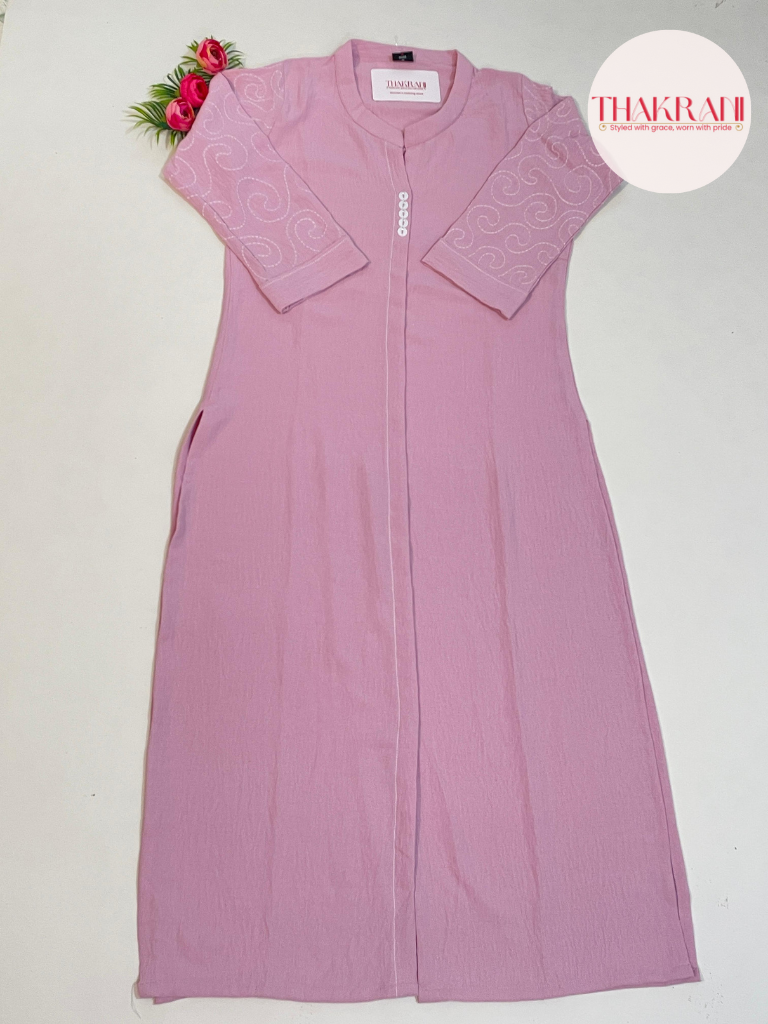 Casual Baby Pink Kurti with Collar & Subtle Embroidery