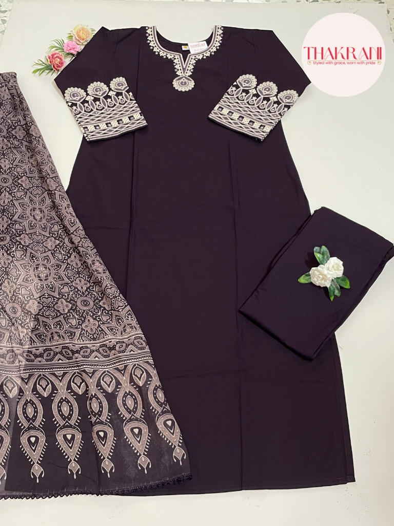 Deep Plum Embroidered Kurta Set with Printed Dupatta