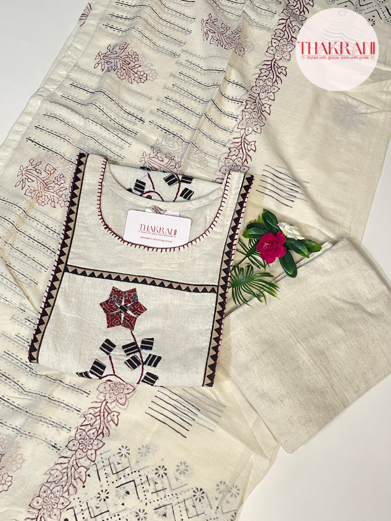 Khadi Cotton Embroidered Suit Set in Off-White with Maroon & Black Detailing