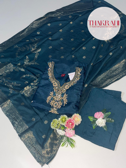 Peacock Teal Dola Silk Suit Set with Hand Embroidery & Woven Dupatta