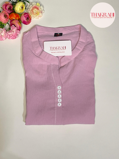 Casual Baby Pink Kurti with Collar & Subtle Embroidery