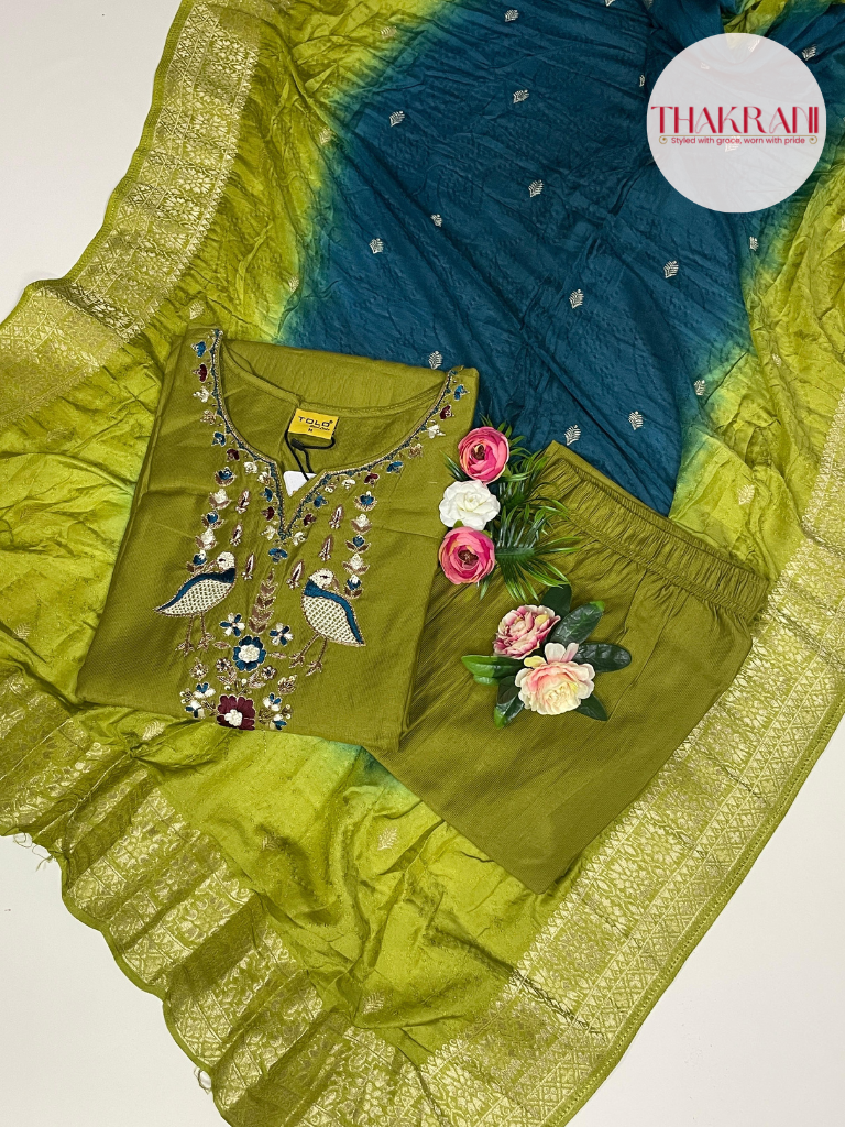 Olive Green Embroidered Kurta Set with Ombre Dupatta