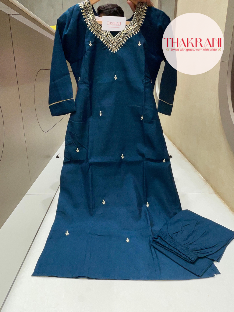 Peacock Blue Roman Silk Suit Set with Jacquard Dupatta