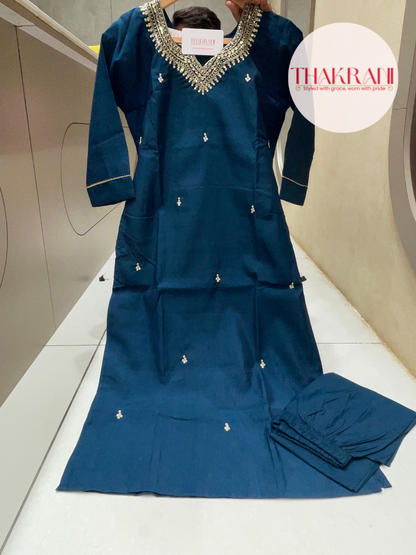 Peacock Blue Roman Silk Suit Set with Jacquard Dupatta