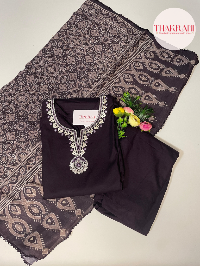Deep Plum Embroidered Kurta Set with Printed Dupatta