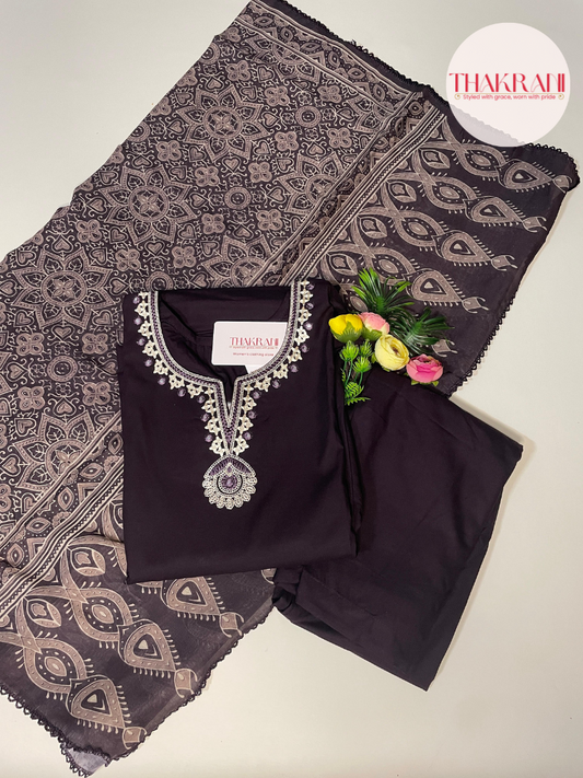 Deep Plum Embroidered Kurta Set with Printed Dupatta