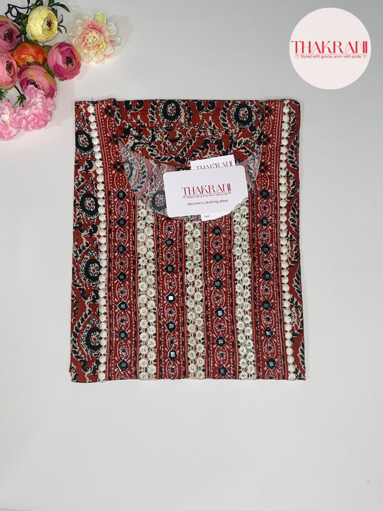 Rust Printed Straight Kurta with Contrast Yoke Detailing