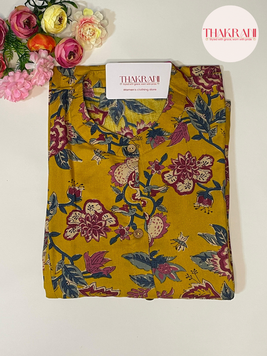 Mustard Floral Printed A-Line Kurta with Front Slit
