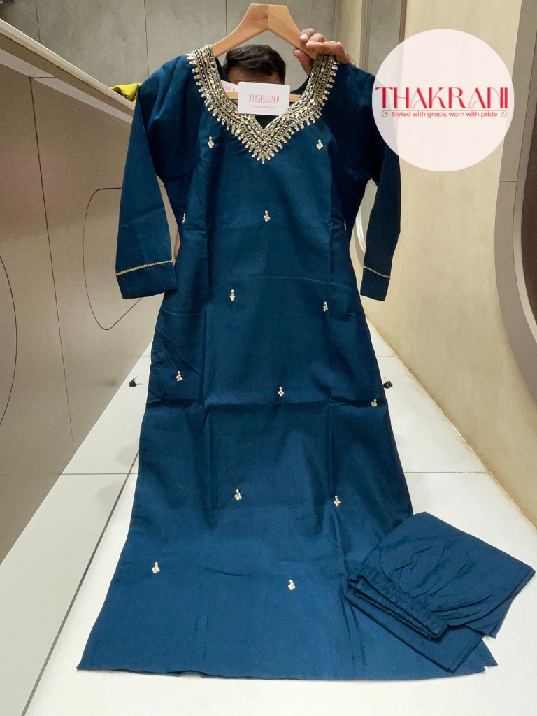 Peacock Blue Roman Silk Suit Set with Jacquard Dupatta