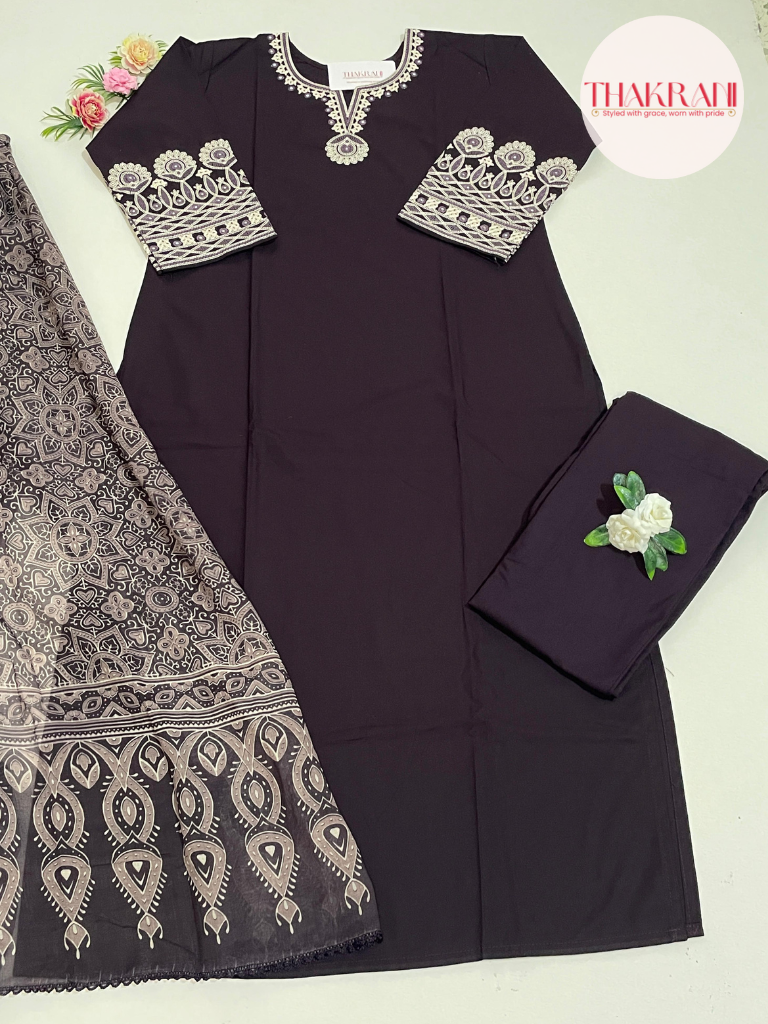 Deep Plum Embroidered Kurta Set with Printed Dupatta