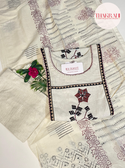 Khadi Cotton Embroidered Suit Set in Off-White with Maroon & Black Detailing
