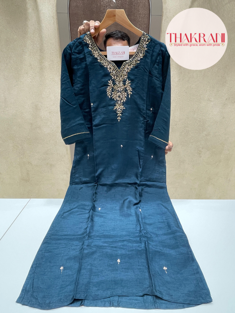 Peacock Teal Dola Silk Suit Set with Hand Embroidery & Woven Dupatta