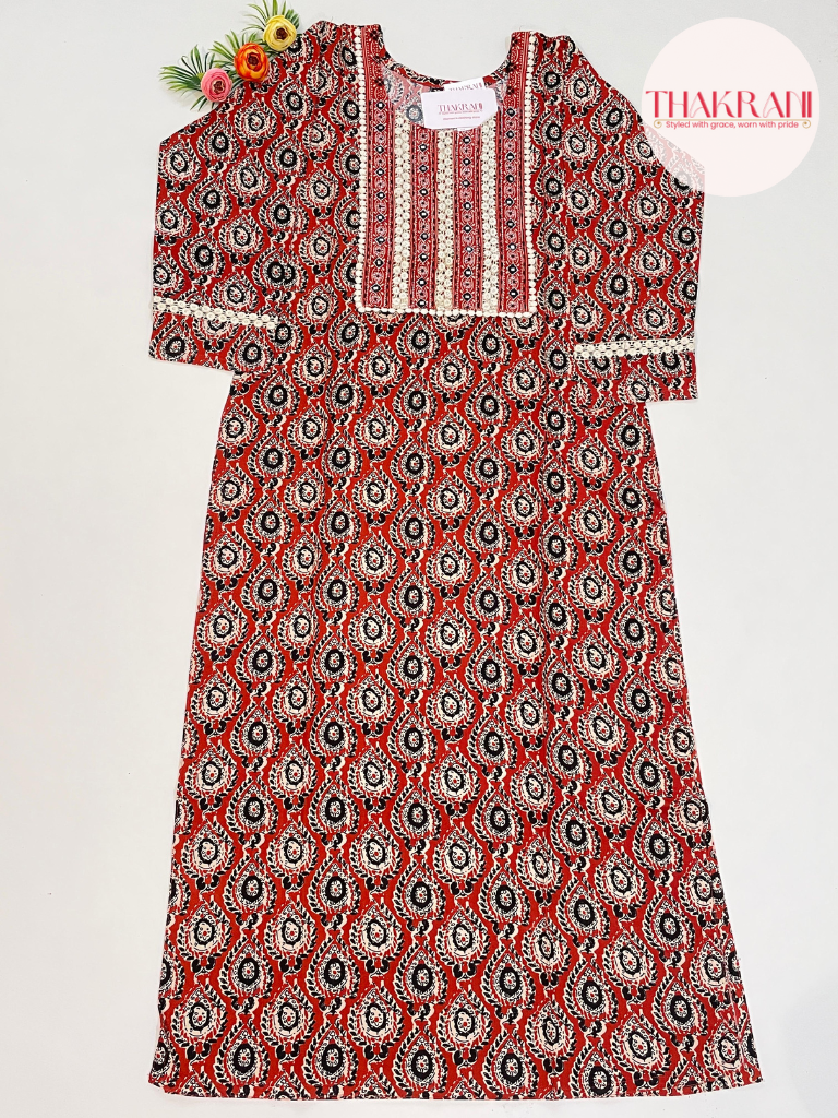 Rust Printed Straight Kurta with Contrast Yoke Detailing