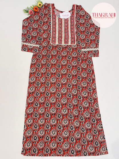Rust Printed Straight Kurta with Contrast Yoke Detailing