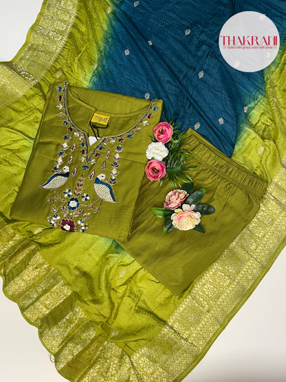 Olive Green Embroidered Kurta Set with Ombre Dupatta