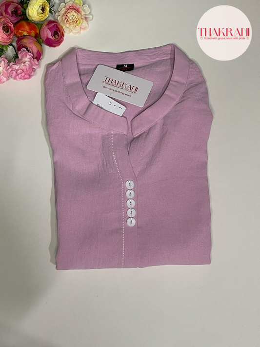 Casual Baby Pink Kurti with Collar & Subtle Embroidery