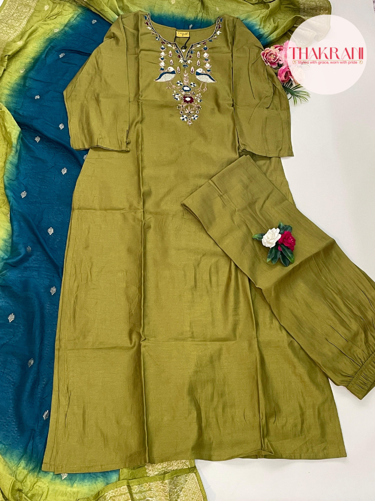 Olive Green Embroidered Kurta Set with Ombre Dupatta