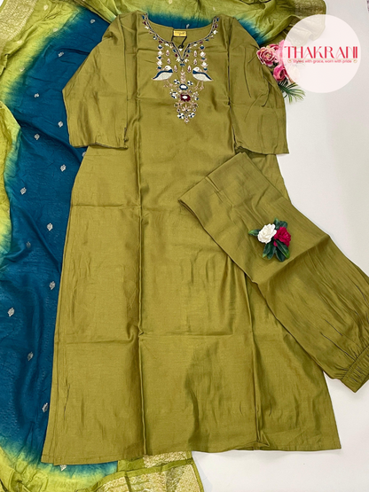 Olive Green Embroidered Kurta Set with Ombre Dupatta