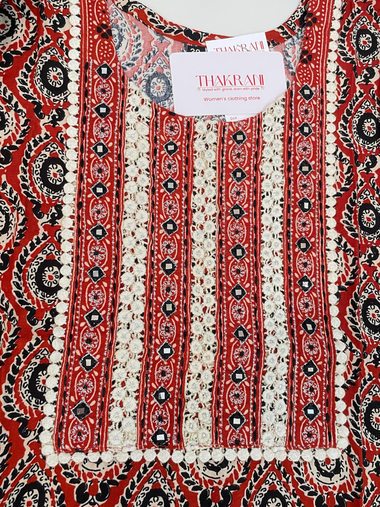 Rust Printed Straight Kurta with Contrast Yoke Detailing