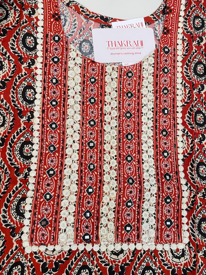 Rust Printed Straight Kurta with Contrast Yoke Detailing