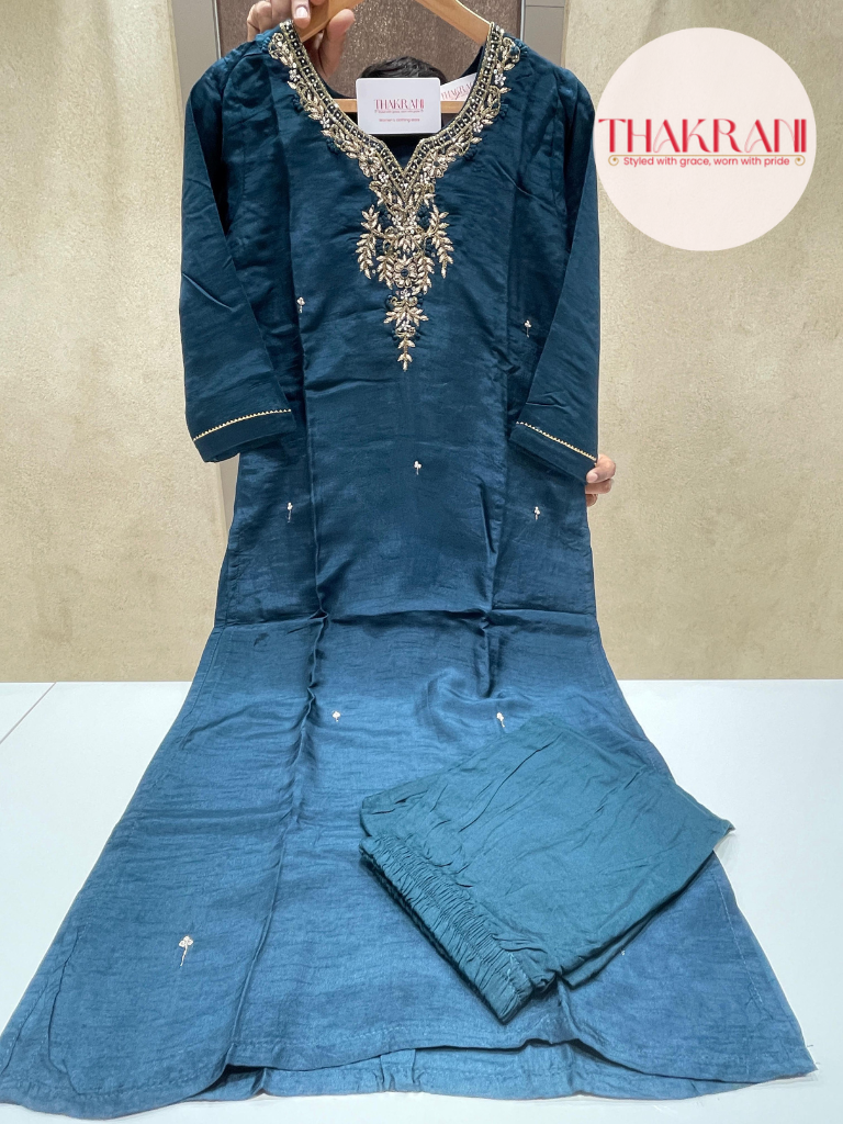 Peacock Teal Dola Silk Suit Set with Hand Embroidery & Woven Dupatta