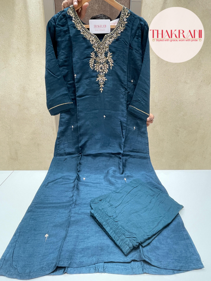 Peacock Teal Dola Silk Suit Set with Hand Embroidery & Woven Dupatta