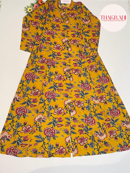 Mustard Floral Printed A-Line Kurta with Front Slit