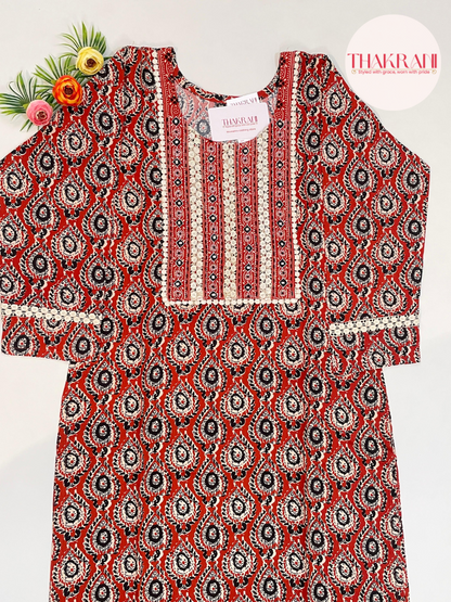 Rust Printed Straight Kurta with Contrast Yoke Detailing