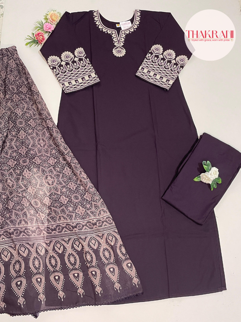 Deep Plum Embroidered Kurta Set with Printed Dupatta