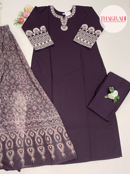 Deep Plum Embroidered Kurta Set with Printed Dupatta