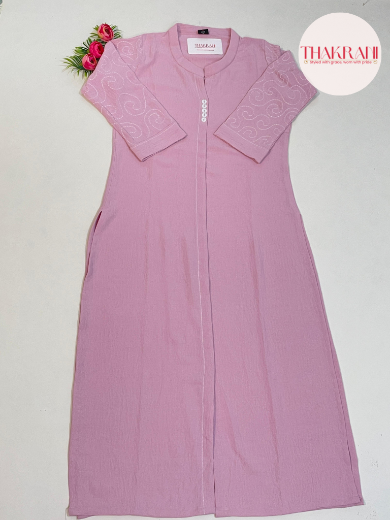 Casual Baby Pink Kurti with Collar & Subtle Embroidery