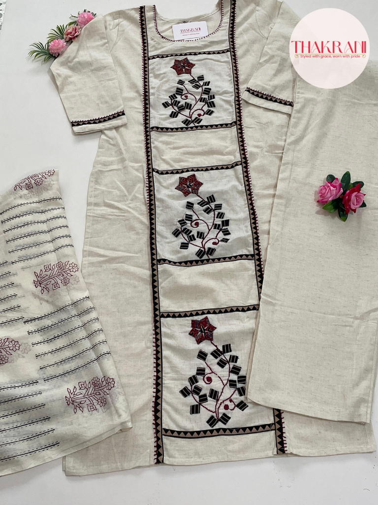 Khadi Cotton Embroidered Suit Set in Off-White with Maroon & Black Detailing