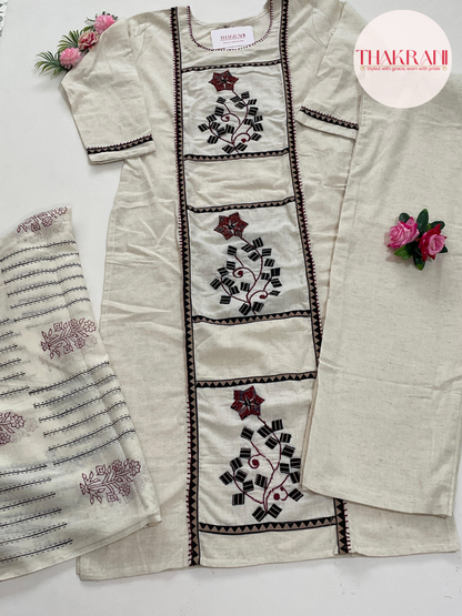Khadi Cotton Embroidered Suit Set in Off-White with Maroon & Black Detailing