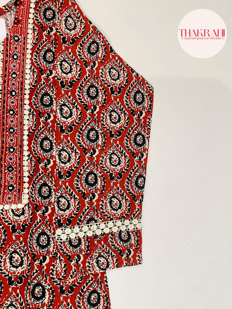 Rust Printed Straight Kurta with Contrast Yoke Detailing