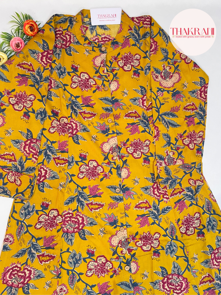 Mustard Floral Printed A-Line Kurta with Front Slit