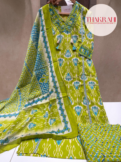 Lime Green Ikat Cotton Suit Set