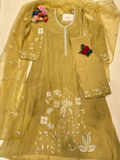 Mul Chanderi embroidered traditional outfit with floral patterns on a white background