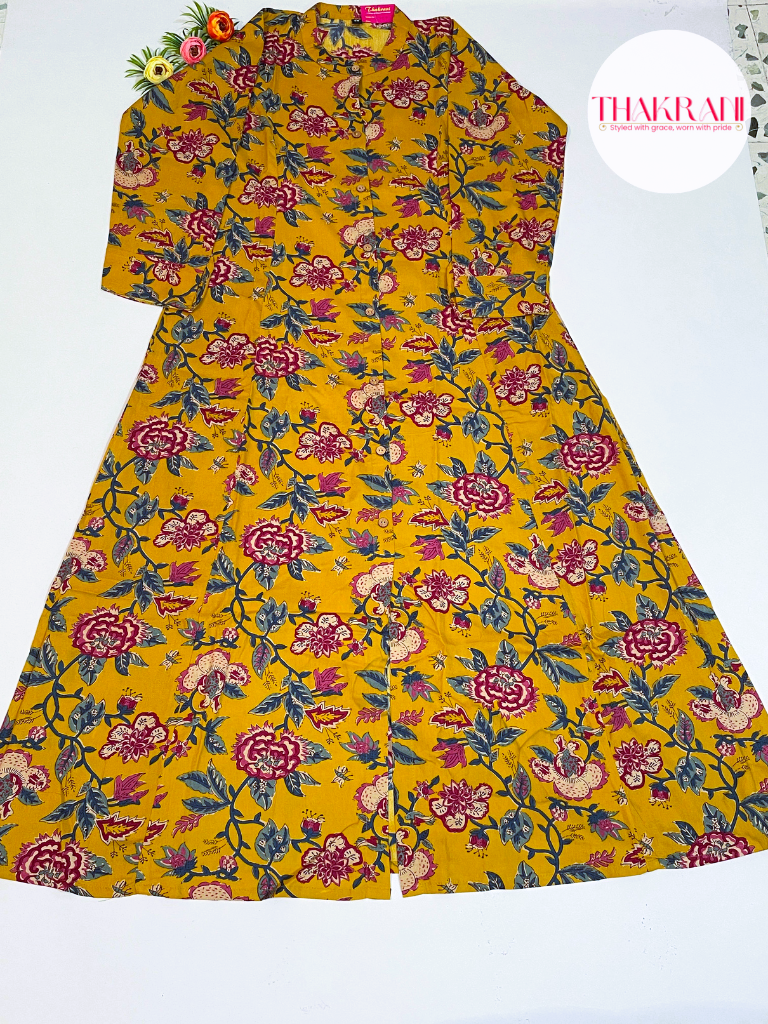 Mustard Floral Printed A-Line Kurta with Front Slit