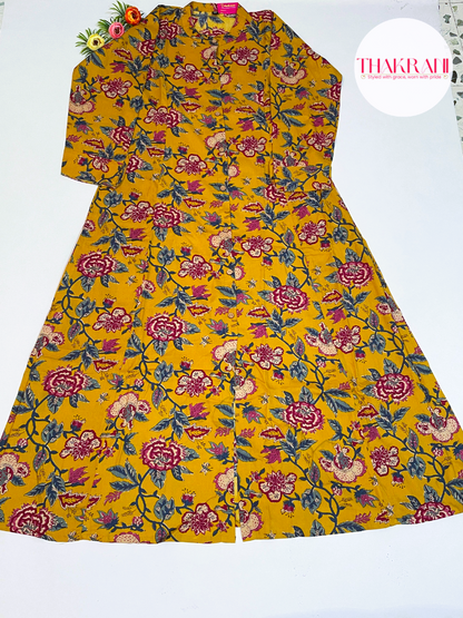 Mustard Floral Printed A-Line Kurta with Front Slit
