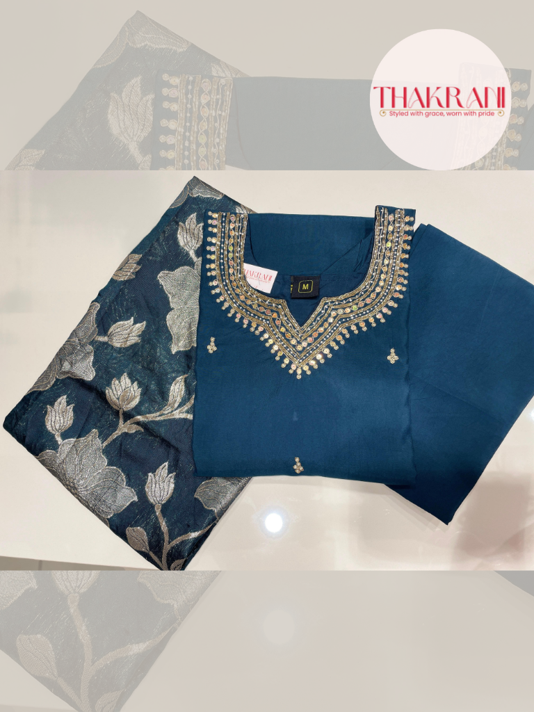 Peacock Blue Roman Silk Suit Set with Jacquard Dupatta