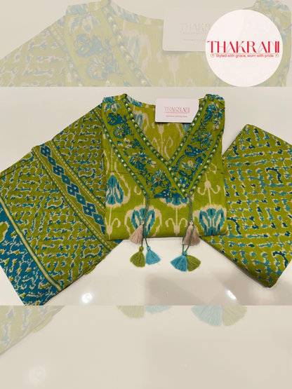 Lime Green Ikat Cotton Suit Set